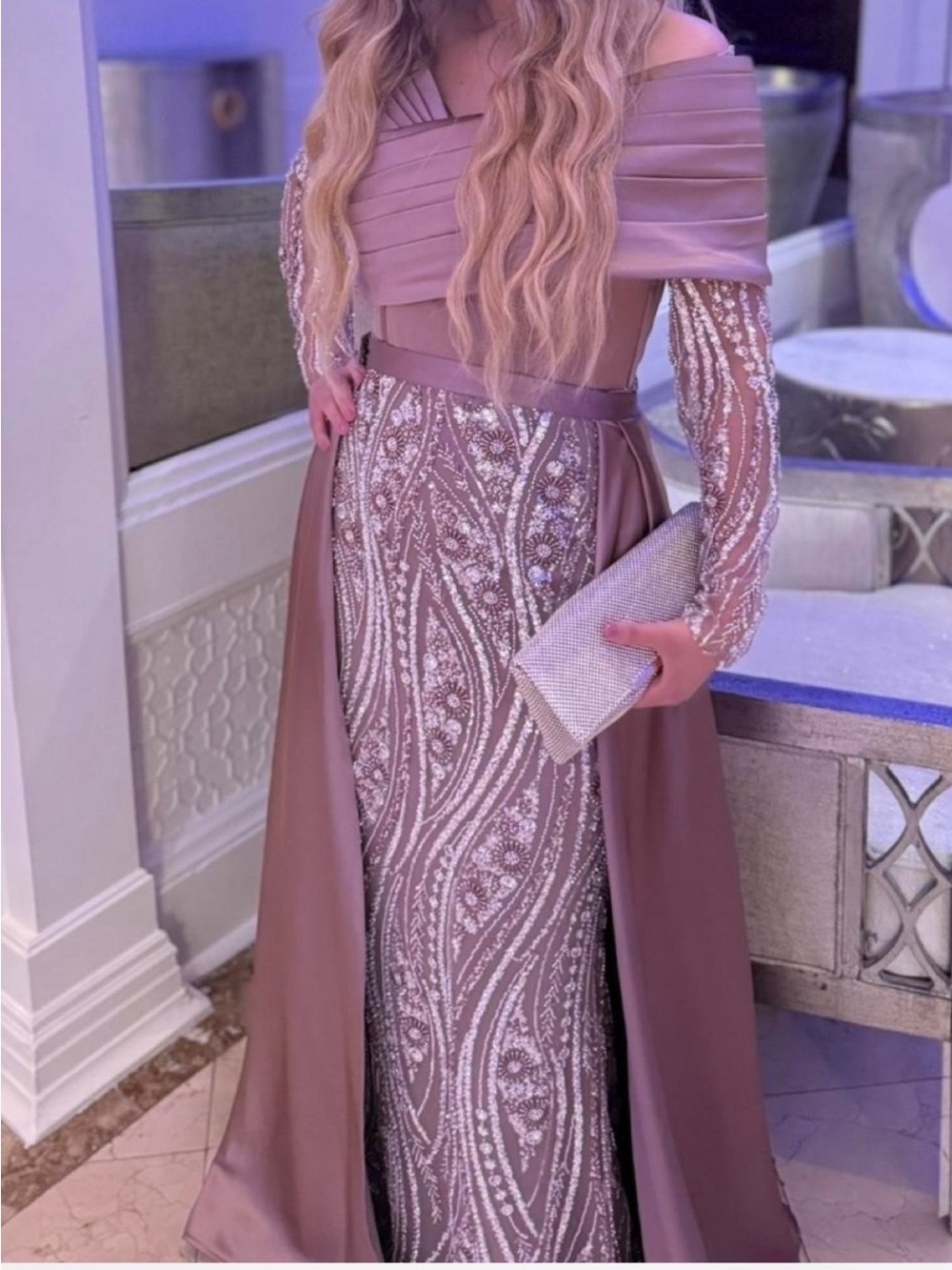 Elegant Mauve Beaded Off-Shoulder Maxi Dress